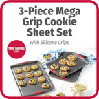 GoodCook MegaGrip Set of 3 Nonstick Steel Multipurpose Cookie Sheets with Silicone Grip Handles, Gray