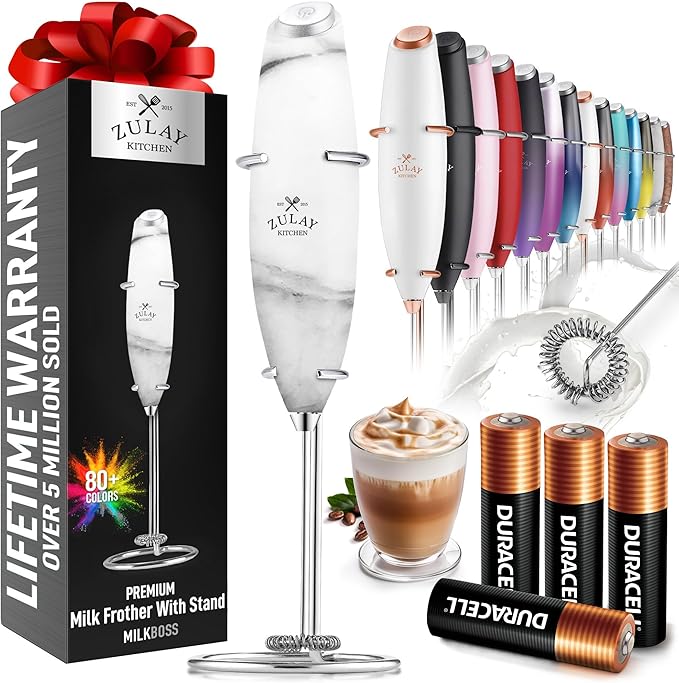 Zulay Kitchen Powerful Milk Frother Wand With 4 AA Duracell Batteries - Ultra Fast Handheld Drink Mixer - Electric Whisk Foam Maker for Coffee, Lattes, Cappuccino, Matcha & Creamer - Quartz