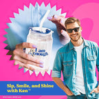 Dragon Glassware x Barbie The Movie - 16 oz Glass Cups with Lids and Straws, Set of 2 - Iced Coffee Cups with Lids - Versatile Glass Tumbler with Straw and Lid - I'm Just Ken