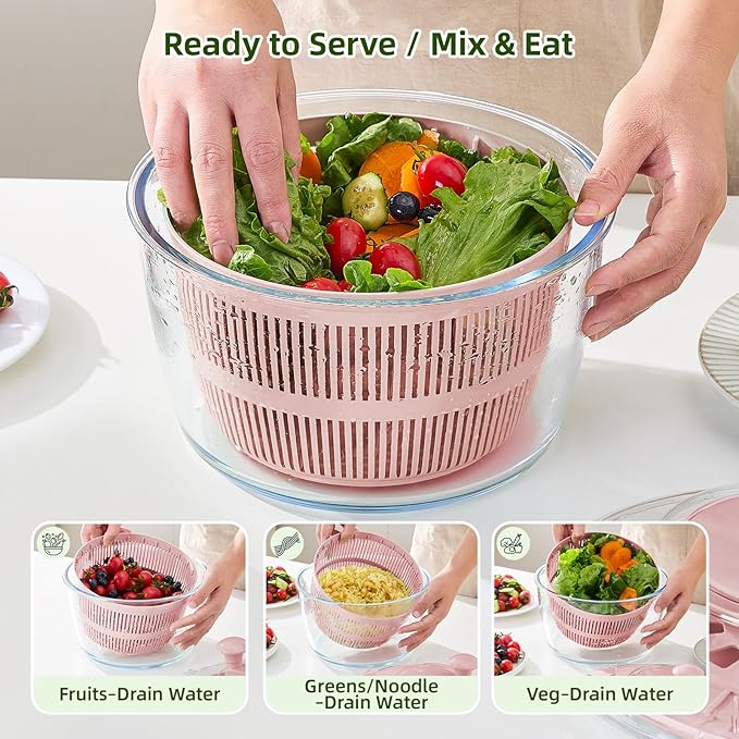 Good Grips Large 5.2 Qt Glass Salad Spinner Vegetable Dryer with Drain Dishwasher Safe with Transparent Lid Crank Handle Quick Spin Greens Washer for Lettuce Herbs Fruits Pink