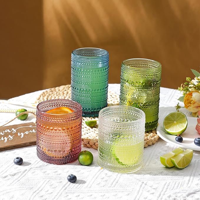 Moretoes Hobnail Drinking Glasses, 12 Piece Colorful Water Glass Cups, Mixed Vintage Glassware Set, 6pcs 12oz Highballs and 6pcs 10oz old Fashioned Glasses, Great for Cocktail, Whisky