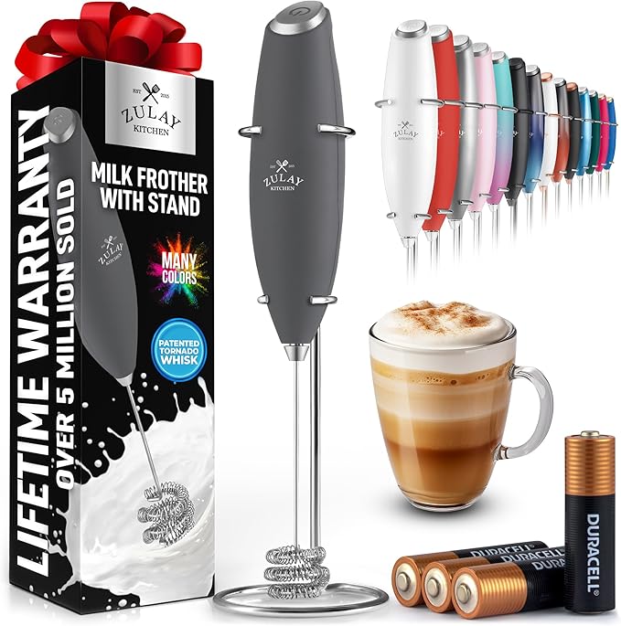 Zulay Kitchen Patented Tornado Triple Whisk Milk Frother with 4 Duracell Batteries – Handheld Foam Maker for Coffee, Lattes, Matcha & Hot Chocolate – Rich, Creamy Froth in Seconds - Onyx Gray