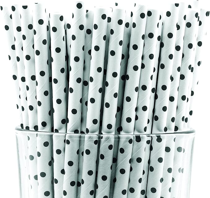 Pack of 900 Black Polka Dot Biodegradable 4-Ply Paper Drinking Straws (Compostable, Non-toxic, BPA-free)