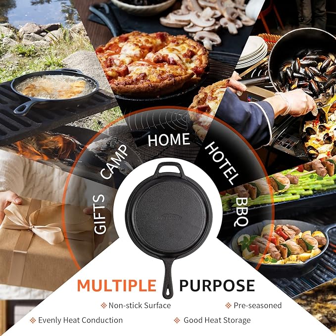Overmont Cast Iron Skillet with Lid - 2-in-1 Cast Iron Dutch Oven - 3.2QT Deep Pot with Frying Pan - Pre-seasoned Cookware Multi Cooker Skillet - Dutch Oven Pot with Recipe for Grill Induction Stovetop Camping(10.5")