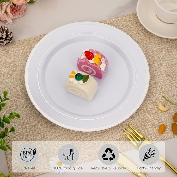 Goodluck 100PCS Silver Plastic Plates, 10.25 Inch Dinner Plate with Silver Rim, Heavy Duty Disposable Plastic Plates for Party, Wedding, Birthday & Daily Use