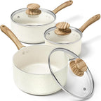 MICHELANGELO Saucepan Set with Lid, Nonstick Sauce Pan Sets with Granite Coatings, Non-Toxic Sauce Pot Sets of 3, Induction Compatible, 1Qt, 2Qt & 3Qt, White