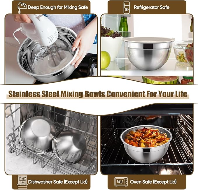 P&P CHEF Mixing Bowls with Airtight Lids Set of 5, 10-Piece Stainless Steel Mixing Nesting Bowl, Metal Bowl with Lid for Kitchen Prepping & Storing, Size 4.6, 3, 1.5, 1, 0.7 QT, Khaki