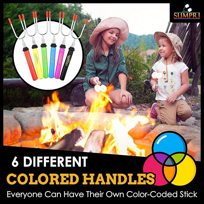 Smores Sticks For Fire Pit - Marshmallow Roasting Sticks For Campfire, Rotating Smore Sticks Set of 6 - Safe, Fun Telescoping Multicolored 34 Inch Hot Dog Sticks - SUMPRI Long Camping Skewers