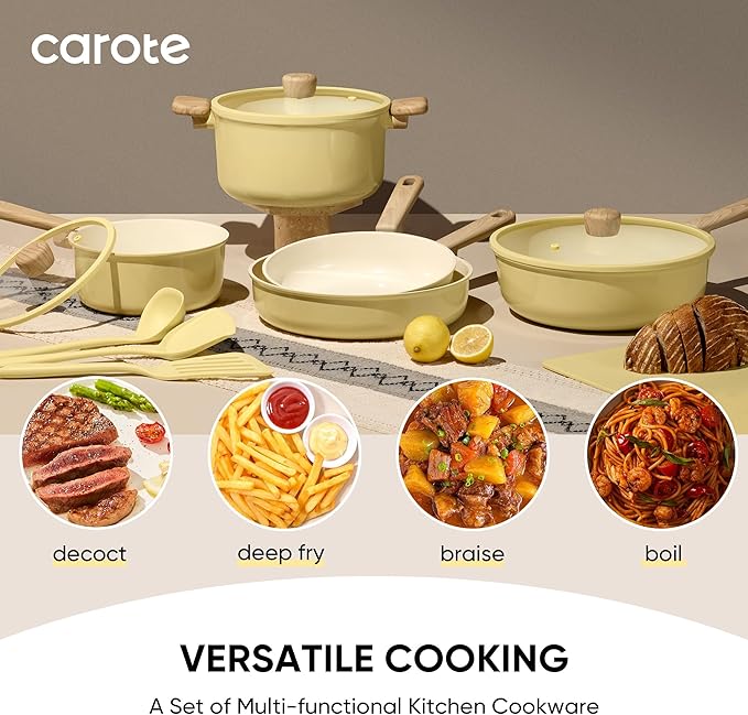 CAROTE 24pcs Ceramic Cookware Set, Pots and Pans Non Stick Kitchen Cookware Sets, Pots and Pans Set Cooking Set with Knife Set