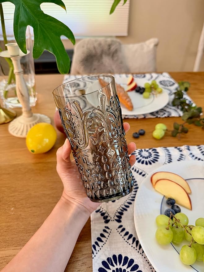 KLIFA- BLOIS- 20.5 ounce, Set of 6, Acrylic Highball Drinking Glasses, BPA-Free, Stackable Plastic Drinkware, Dishwasher Safe, Vintage Looking Cups, Gray-Black