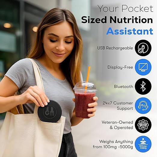 Portable Food Scale with Nutritional Calculator. Rechargeable Travel Size for Weight Loss, Nutrition, Calories, Diabetes, Meal Prep - Pocket Digital Kitchen Scales - Free GOURMETMILES App