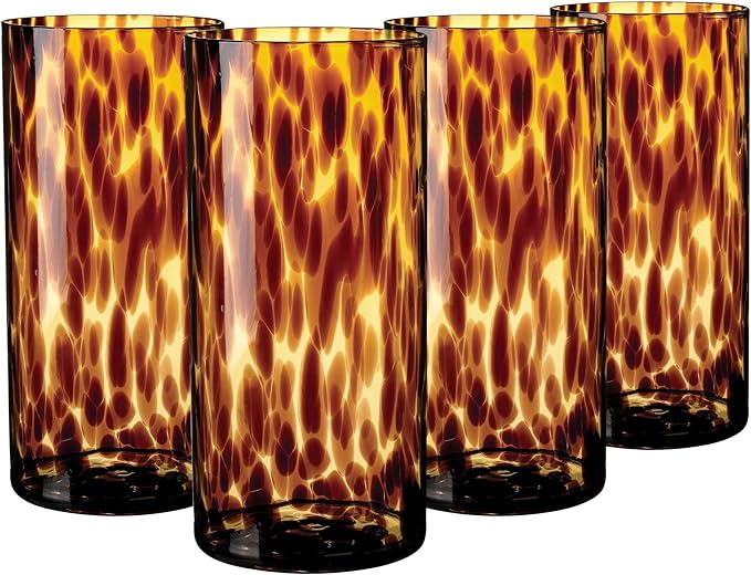 Joseph Sedgh Collection Tortoise Shell Highball Glass Set of 4 – 14.54 oz Borosilicate Cocktail & Water Glasses – Durable, Lead-Free, Dishwasher Safe – Elegant Gift Packaging