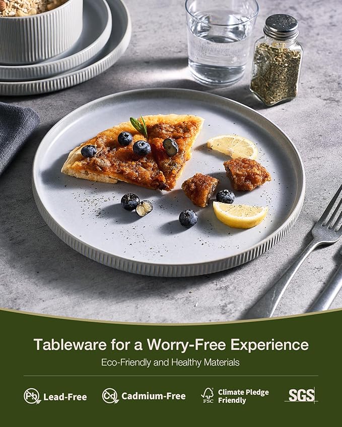 Famiware Star 18-Piece Reactive Glaze Plates and Bowls Sets, Service for 6 - Stoneware Dinnerware with Trim, Modern Rustic Dishes, Chip & Scratch Resistant, Microwave & Dishwasher Safe, Matte Gray
