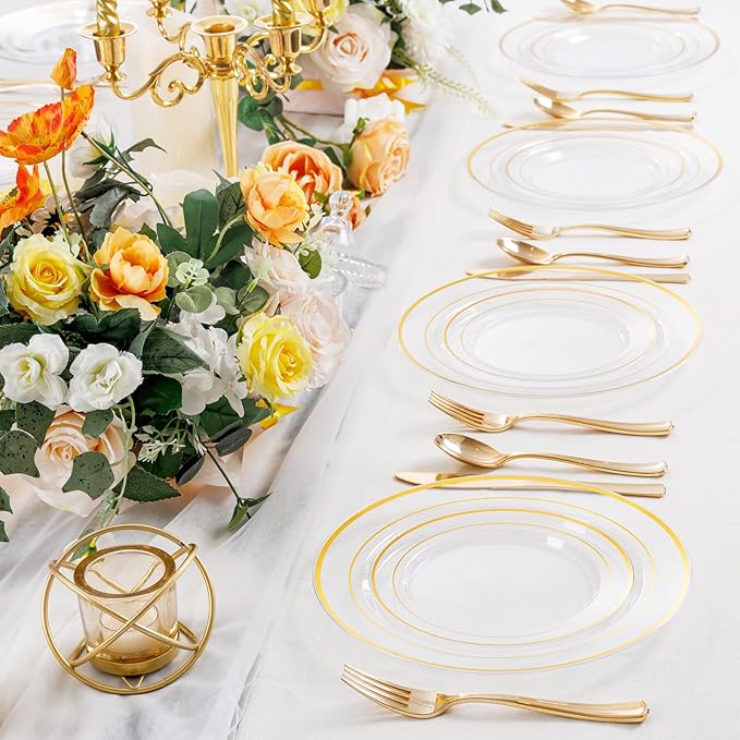 I00000 102 Pcs Clear Gold Plastic Plates - Disposable Party Plates, Gold Disposable Include 51 Dinner Plates and 51 Dessert Plates, Plastic Plates for Party, Holiday, Wedding & Birthday
