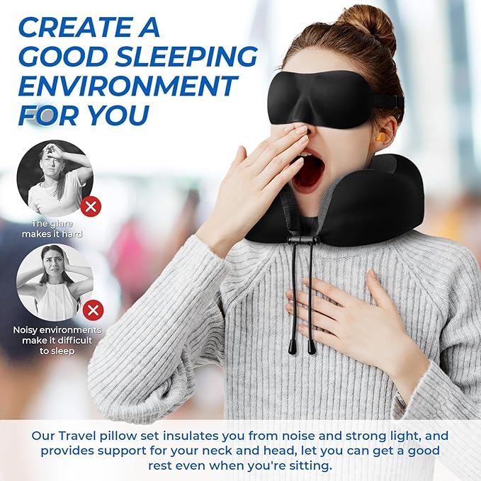 ExploreBliss Travel Pillow, Travel Pillows for Sleeping Airplane, Neck Pillow Airplane, Memory Foam Neck Pillow Set with Eye Mask, Earplugs and Storage Bag -Black