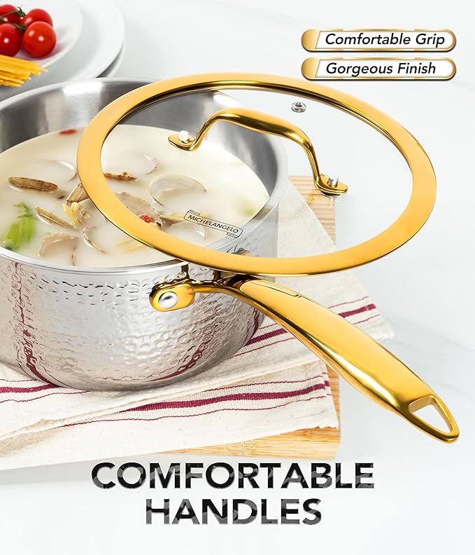 Michelangelo Triply Stainless Steel Saucepan Set, Luxury Hammered Stainless Steel Sauce Pans with Golden Handle, Premium Sauce Pot Set, Induction Compatible