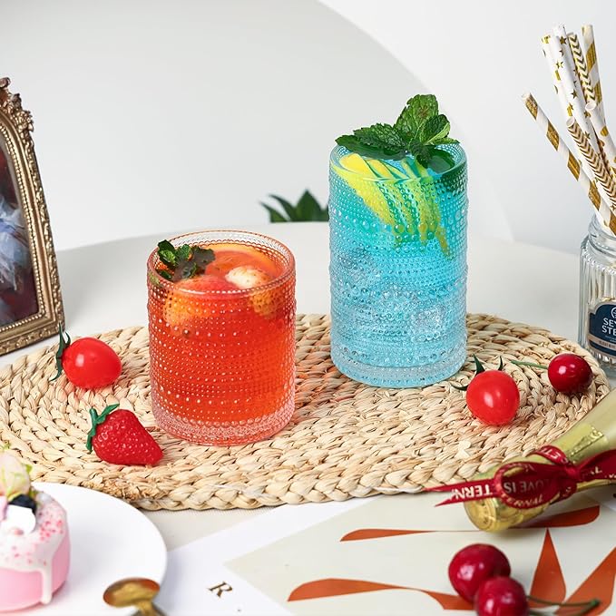 Moretoes 4 Pack Hobnail Drinking Glasses Set, 12 Oz Highball Glasses & 10 Oz Cocktail Glasses, Clear Embossed Water Glass Cups Kitchen Bar Tumbler Glassware Set for Whiskey, Beer, Juice, Milk