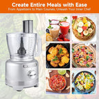Homtone Large Food Processor 16-Cup 9-IN-1 Food Processing for Home Meal Prep, 3-Speed, 7 Blades for Shredding, Slicing, Chopping, Kneading, Emulsifying, French Fry Disc, Dishwasher Safe, Silver
