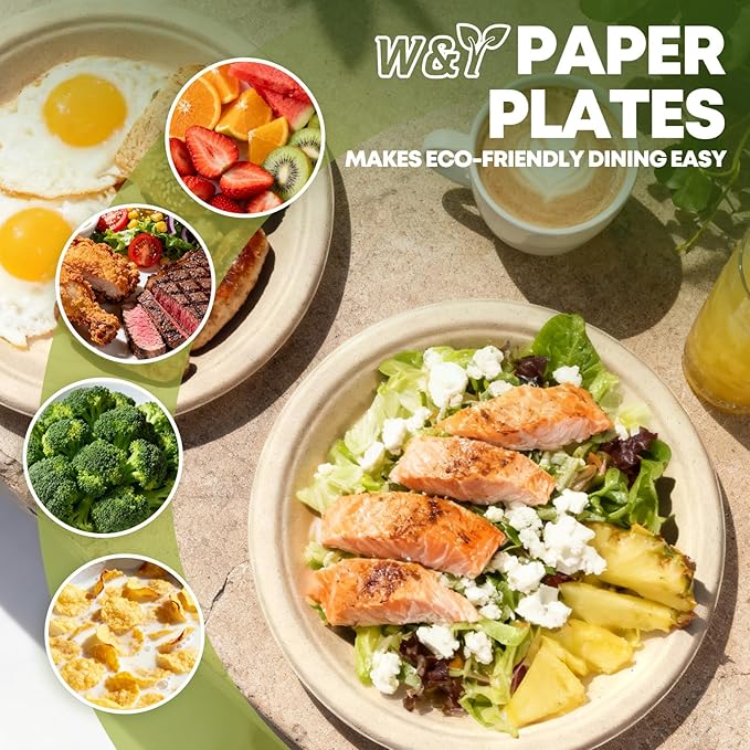W&Y paper plates 9 Inch Disposable Paper Plates [100 Pack] - Heavy Duty Dinner Plates, Leak Proof & Microwave Safe, Cut Resistant & Compostable for Parties, Weddings, Catering Events
