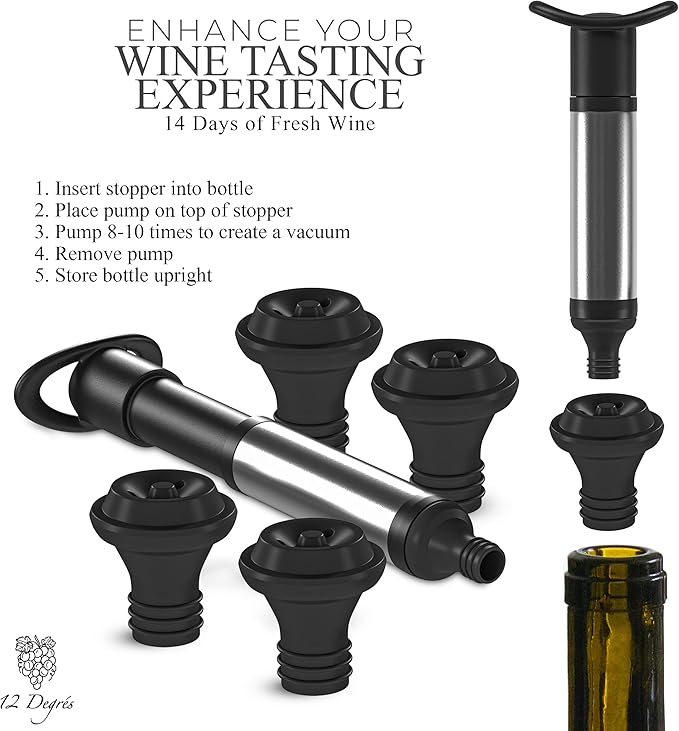 Wine Chiller Set - Perfect Wine Gifts for Women & Men - Stainless Steel Insulated Wine Cooler with Wine Pump, Aerator & 4 Stoppers (Black)