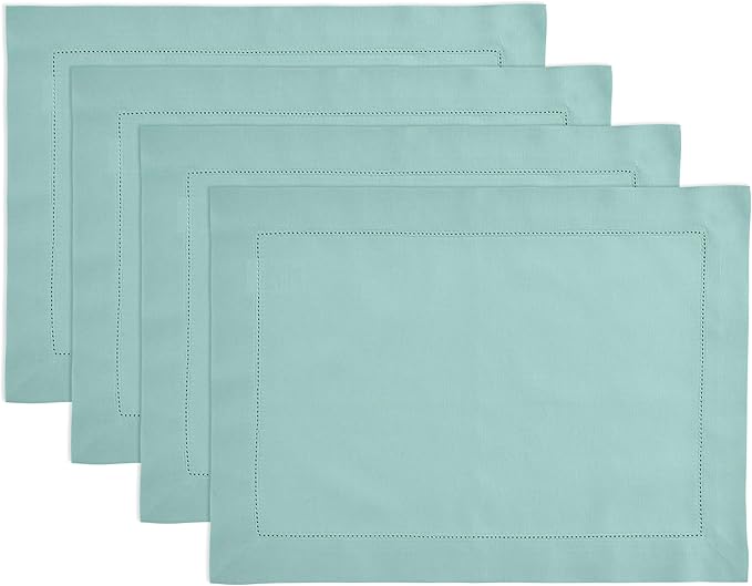 Solino Home Cotton Linen Placemats Set of 4 - Hemstitch Pastel Turquoise Placemats 14 x 19 Inch - Machine Washable Table Mats