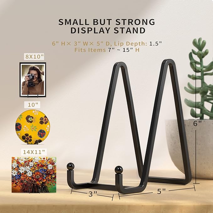 4 Pack Plate Stands for Display - 6 Inch Metal Square Wire Plate Holder Display Stand + Picture Frame Stand Holder Easel for Book, Decorative Plate, Plaque, Photo, Platter (Black)