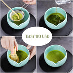 YIBO Matcha Whisk Set, Matcha Kit Bamboo Whisk and Ceramic Bowl with Spout & Measuring Spoon & Cup, Japanese Ceremony Matcha Tea Making Tools Blue