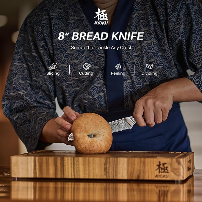 KYOKU Serrated Bread Knife - 8" - Shogun Series - Japanese Style VG10 Steel Core Damascus Blade - with Sheath & Case