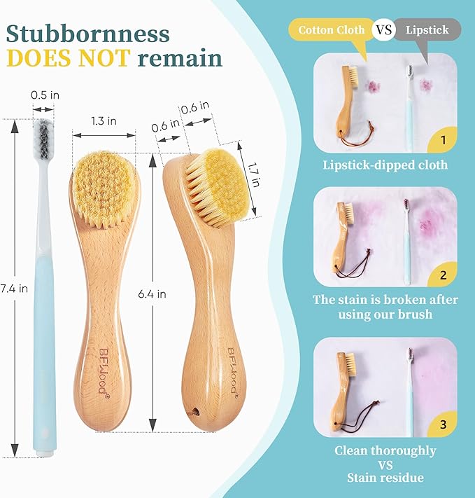 BFWood 2PCS Laundry Stain Brush - Natural Soft Boar Bristles, Removes Tough Stains from Delicate Fabrics Like Knits, Cotton, and Linens, Gentle on Fabrics, No Damage