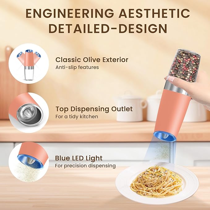 Gravity Electric Salt And Pepper Grinder Set, Automatic Salt And Pepper Grinder Set, Battery Powered (6 AAA Batteries Each), Adjustable Roughness, LED Light, 2 Pack, (Pink)