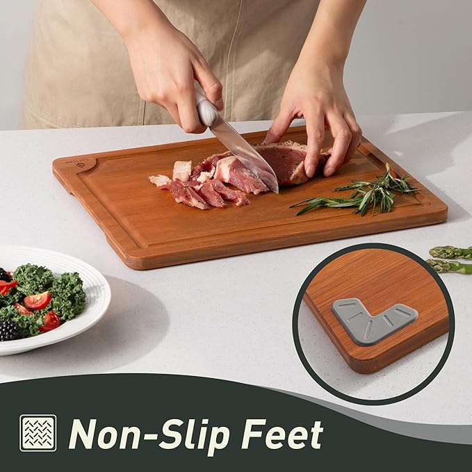 3 Packs Bamboo Cutting Board Set with Non Slip Feet and Over Sink Nice Solid Thick Wood Juice Groove Chopping Board Extra Large Big Small Best Hardwood Counter Organic Vegetable Kitchen Gadgets
