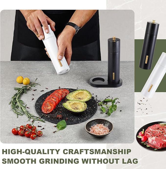 Wooden Salt and Pepper Grinder Set Manual Salt and Pepper Mill with Tray Adjustable Coarseness Refillable Wood Grinders with Gold Bottle Label for Kitchen (Black,White,8 Inch)
