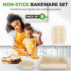NutriChef 8-Piece Stackable Bakeware Set | Carbon Steel Non-Stick Baking Pan Set | Includes Sheet, Muffin, Round, Loaf, Square Cake & Deep Pans | No PFOA & PFOS | Oven Safe to 450 F | Marble Cream