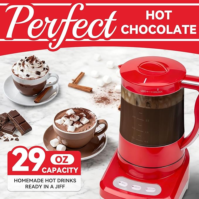 29 Oz Hot Chocolate Maker Machine, Electric Milk Frother and Steamer, Hot Cocoa Maker Machine for Hot Chocolate Bar, Detachable Pitcher, 2 Speed Mode, 3.5 Cups, Red