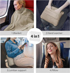 DEZ FURNISHINGS 4-in-1 Travel Compact Blanket Pillow Super Soft Velvet with Luggage Sleeve and Backpack Clip, Tan, 60" W x 45" H