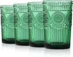 Joeyan Green Vintage Drinking Glasses,Embossed Ribbed Water Glass Cups,Colored Sunflower Patterned Highball,Beaded Tumblers Glassware Set for Beverages Juice,12 oz,Set of 4,Dishwasher Safe