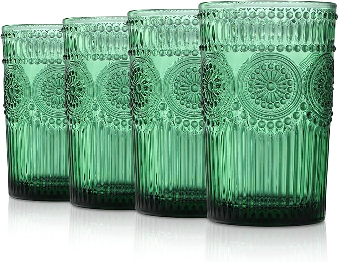 Joeyan Green Vintage Drinking Glasses,Embossed Ribbed Water Glass Cups,Colored Sunflower Patterned Highball,Beaded Tumblers Glassware Set for Beverages Juice,12 oz,Set of 4,Dishwasher Safe
