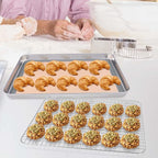 P&P CHEF 16 x 12 x 1 Inch Toaster Oven Pan with Grid Rack and Silicone Mat, Stainless Steel Toaster Oven Tray Baking Pan with Cooling Roasting Rack, Dishwasher Safe (3Pcs)