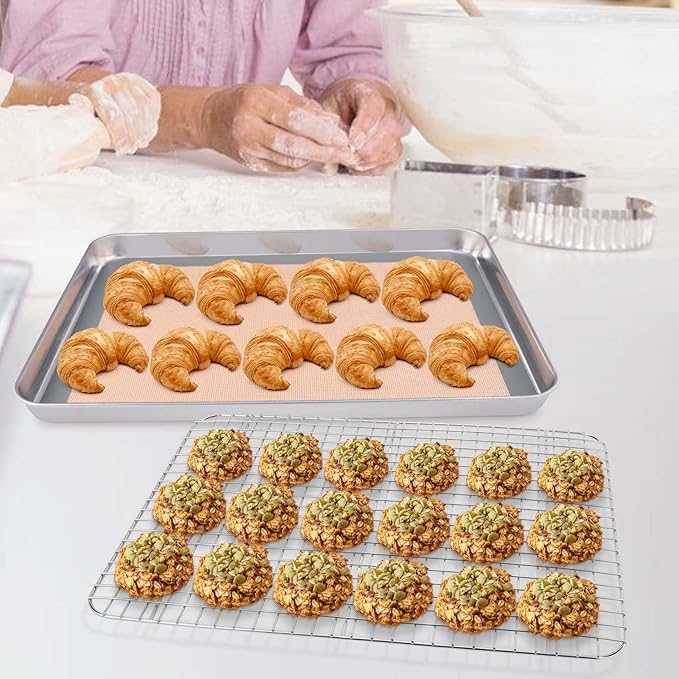 P&P CHEF 16 x 12 x 1 Inch Toaster Oven Pan with Grid Rack and Silicone Mat, Stainless Steel Toaster Oven Tray Baking Pan with Cooling Roasting Rack, Dishwasher Safe (3Pcs)
