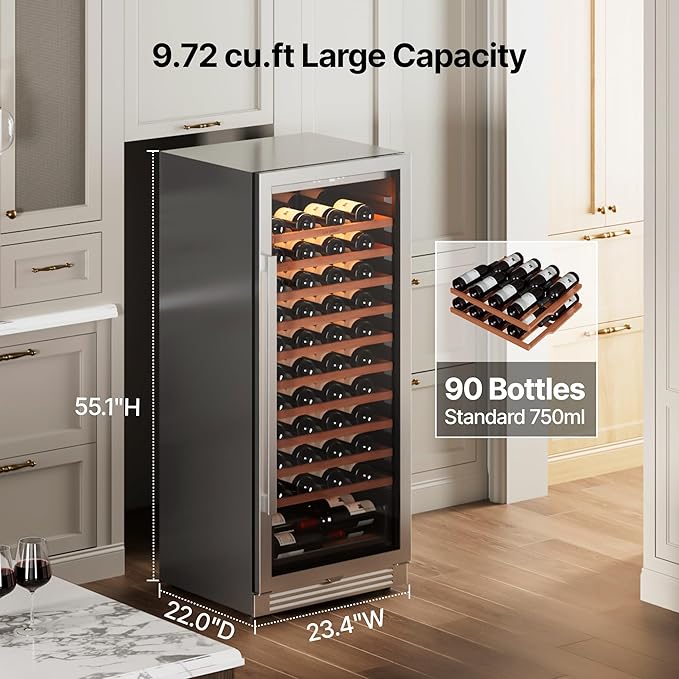 Ca'Lefort 90 Bottle Wine Fridge - 24 Inch 40-65°F Wine Cooler with Glass Door & Bottom Drawer, 10 Adjustable Shelves & 3 LED Lights, Energy Star Certified Built-in/Freestanding for Home/Bar/Kitchen