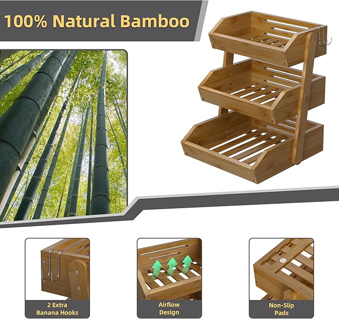 3 Tier Fruit Basket For Counter, Large Capacity Fruit Storage Countertop, Fruit Holder, Wooden Pantry Organizers and Storage, Kitchen Countertop Organizer With Two Banana Hangers (Walnut)