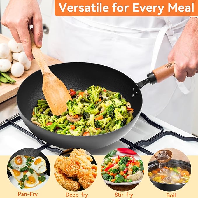 WANGYUANJI 11" Iron Skillet with Glass Lid & Griddle Spatula, Flat-Bottom Frying Pan, Uncoated & Unseasoned, Induction/Gas/Electric Compatible, Wooden Handle (Seasoning Required)