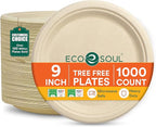 ECO SOUL Compostable 9 Inch(1000-Pack) Biodegradable Heavy-Duty Disposable Eco-Friendly Paper Plates for Christmas Dinner & Parties, Wedding, Event
