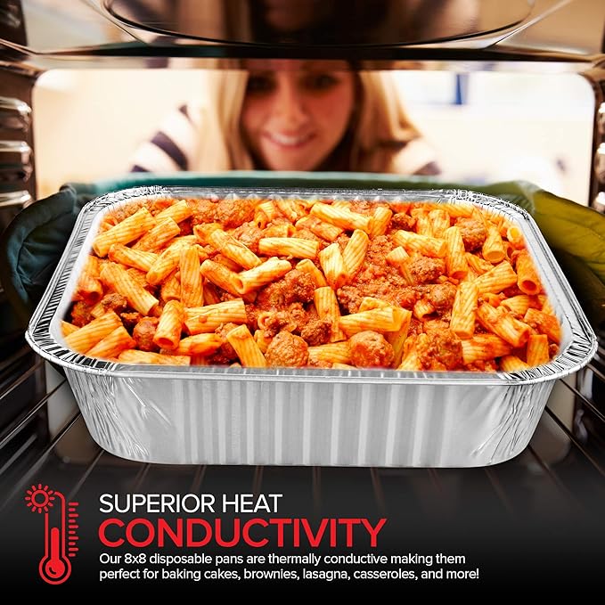 Stock Your Home 8” Square Foil Pans with Lids (50 Pack) - Foil Cake Pans with Covers - Aluminum Baking Pans - Disposable Cake Pans - 8 Inch Square Pans - Disposable & Recyclable Pans with Lids