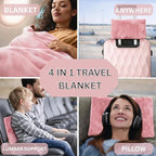 Travel Blanket and Pillow Compact – 4-in-1 Soft Fleece Airplane Blanket with Bag Pillowcase, Neck Pillow, Eye Mask & Earplugs, Lightweight Portable Flight Blanket 60"x43" (Pink)