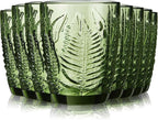 Reallnaive Green Drinking Glasses Set of 8, Boho Aesthetic Vintage Glassware Fern Carving Textured Tumbler Water Cups Embossed Pattern Drinkware Cocktail Glasses Set for Xmas Gifts(10 oz,Lowball)