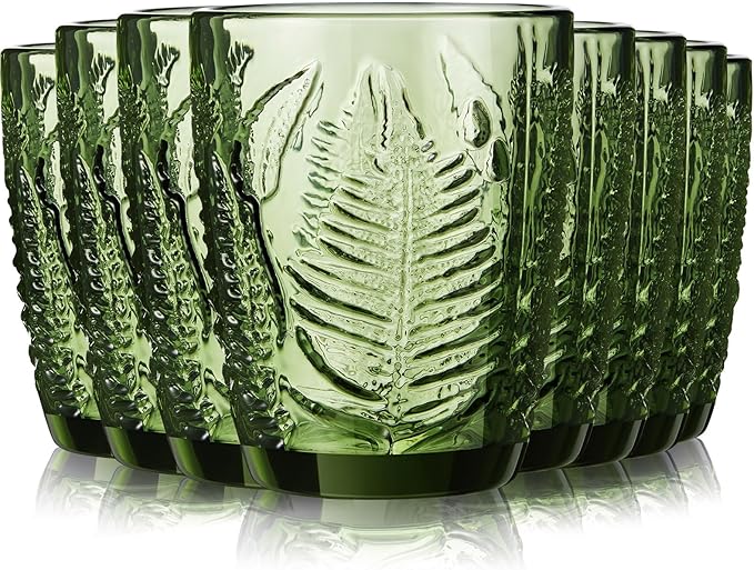 Reallnaive Green Drinking Glasses Set of 8, Boho Aesthetic Vintage Glassware Fern Carving Textured Tumbler Water Cups Embossed Pattern Drinkware Cocktail Glasses Set for Xmas Gifts(10 oz,Lowball)
