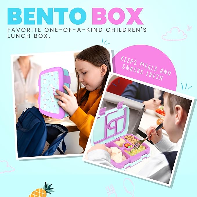 YOLAY Bento Box for Kids Lunch Box Leak-Proof, 5-Compartment Lunch Box Kids for Ages 3-10, Durable with Anti-Slip Base, Suitable for Schools, Outdoor and Travel (Mermaid) (Unicorn)