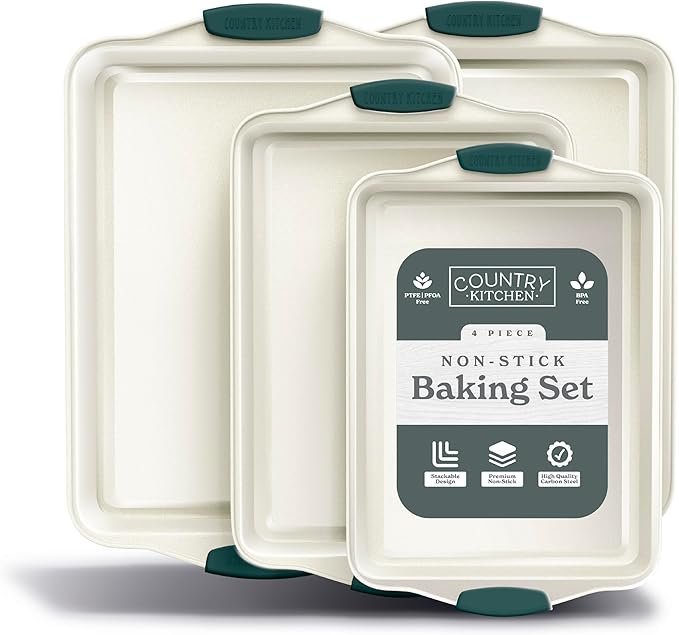Country Kitchen Nonstick Stackable Bakeware Set - Heavy Duty, Durable, Easy Release Baking Set, Sage, 4 Pcs