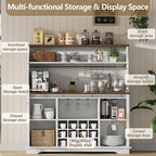55 Inch Farmhouse Coffee Bar Cabinet with 3-Tier Enclosed Storage Cabinet, Kitchen Hutch with 12 Wine Racks & 3 Glass Holders, Coffee Bar with 6 Hooks, Wood Furniture for Dining Living Room, White